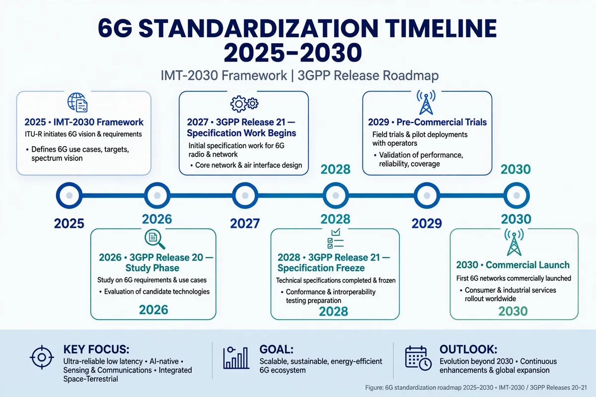 6G standardization timeline 2026 from IMT-2030 to 3GPP Release 21