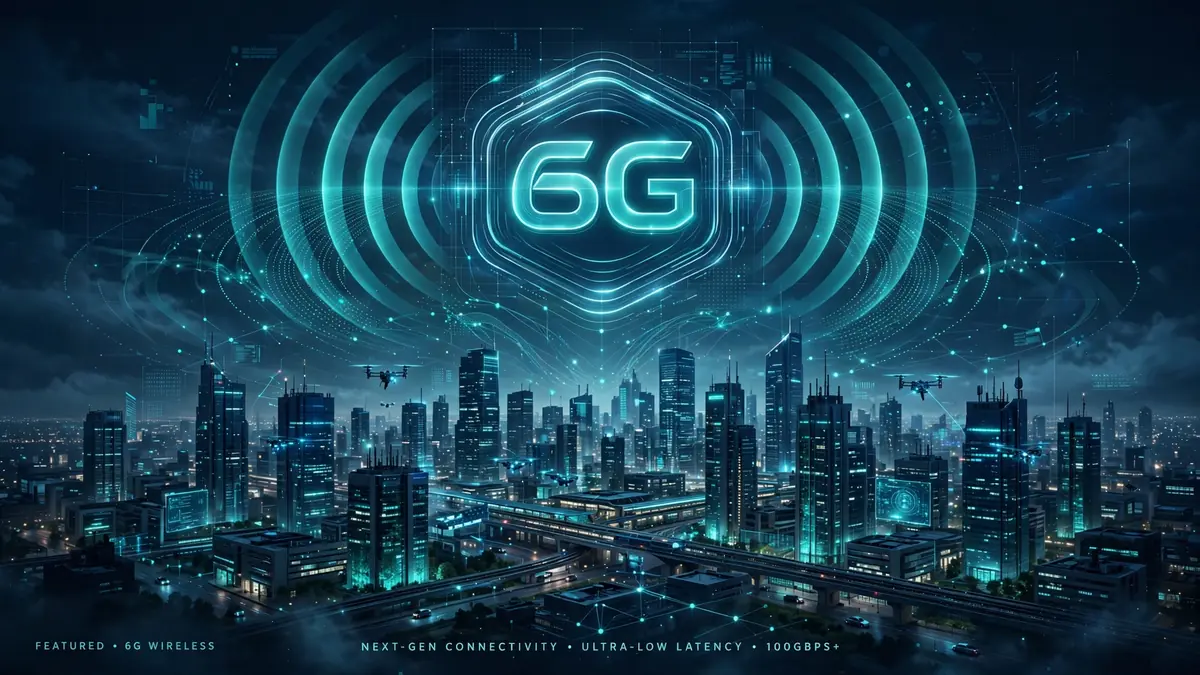 6G wireless 2026 network concept with glowing 6G emblem over a smart city