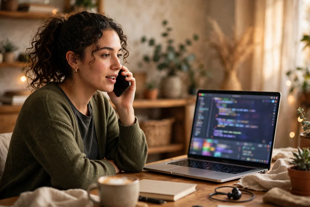 Person using voice AI chatbot on phone while laptop shows coding help in 2026
