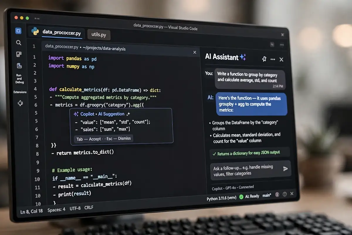 AI coding assistant IDE 2026 showing autocomplete suggestions in a code editor