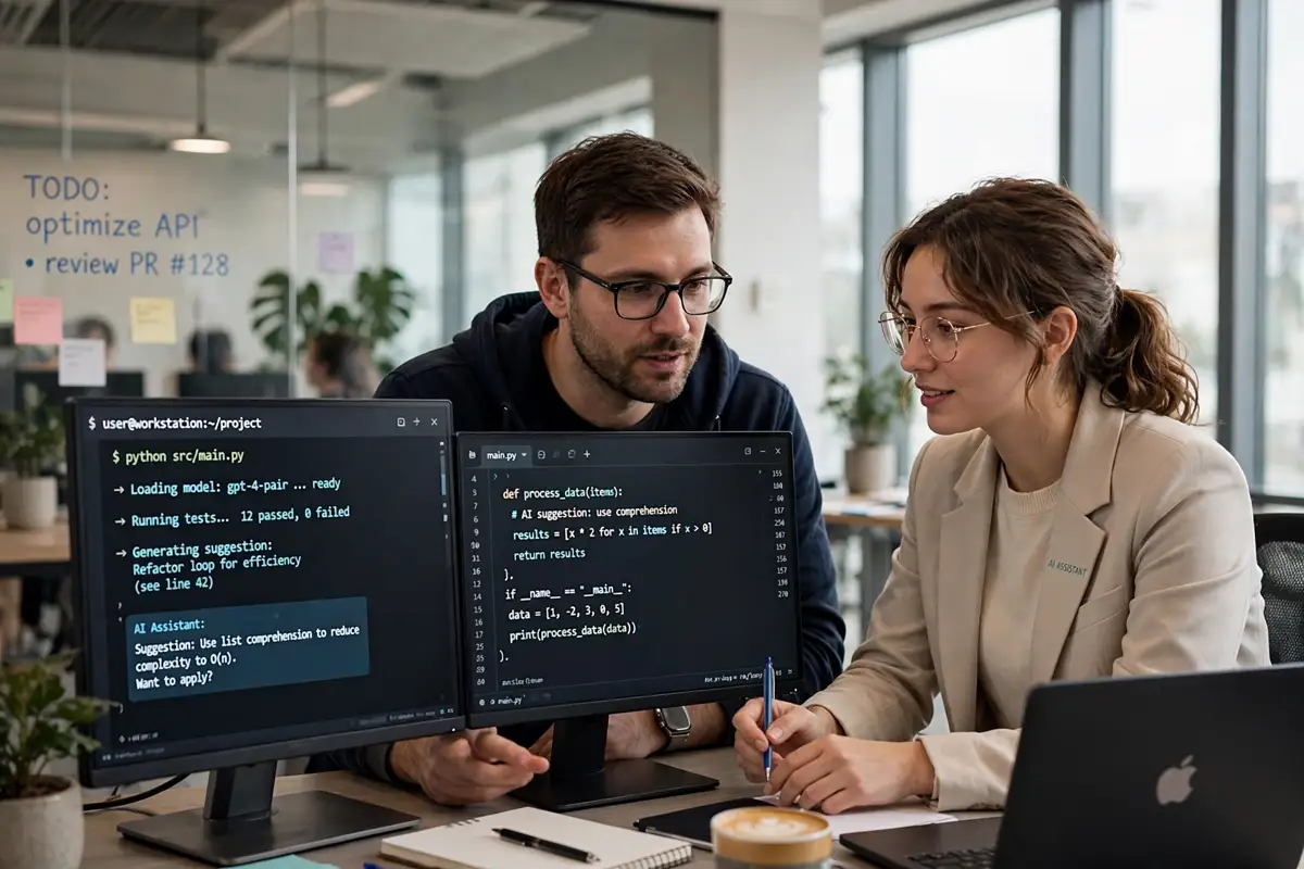 Developer pair-programming with AI coding assistant 2026 on dual monitors