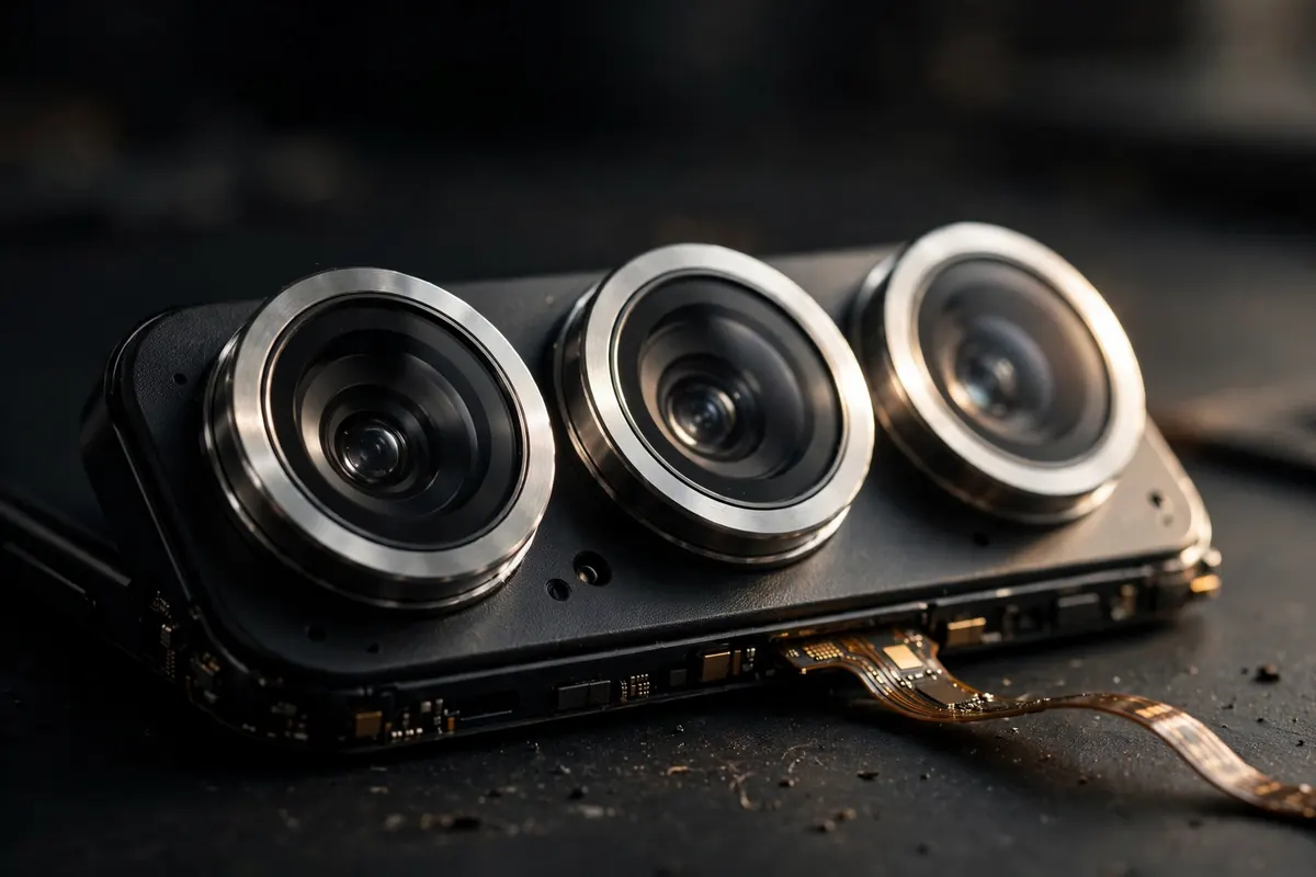 Android phone camera close-up 2026 flagship lenses on a dark desk