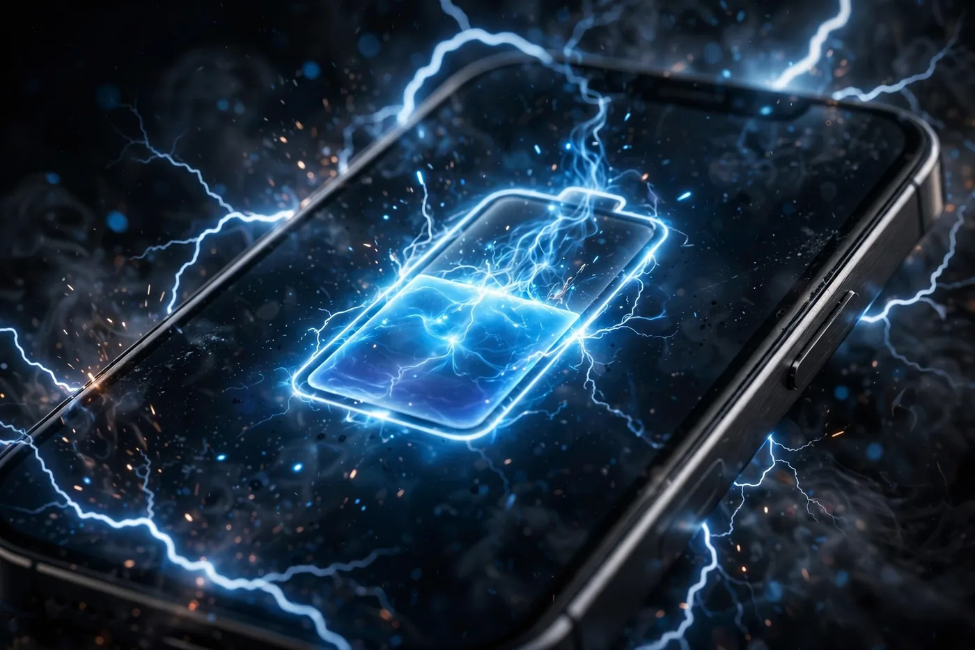 Close-up of a 2026 flagship smartphone charging with a lightning-fast battery percentage indicator