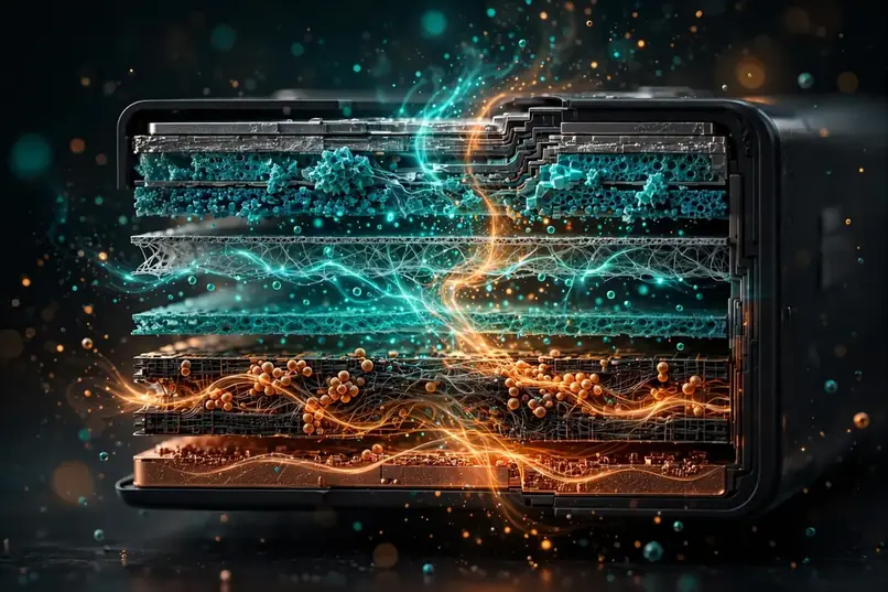 Macro illustration of a silicon-carbon smartphone battery cell powering best battery life phones 2026