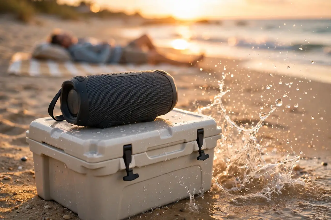 Waterproof Bluetooth speaker 2026 used outdoors at the beach at golden hour