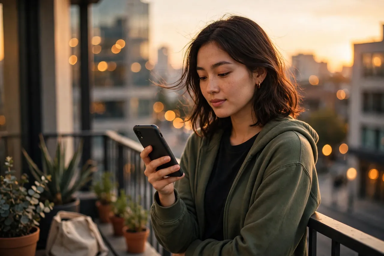 person holding budget smartphone on balcony golden hour 2026