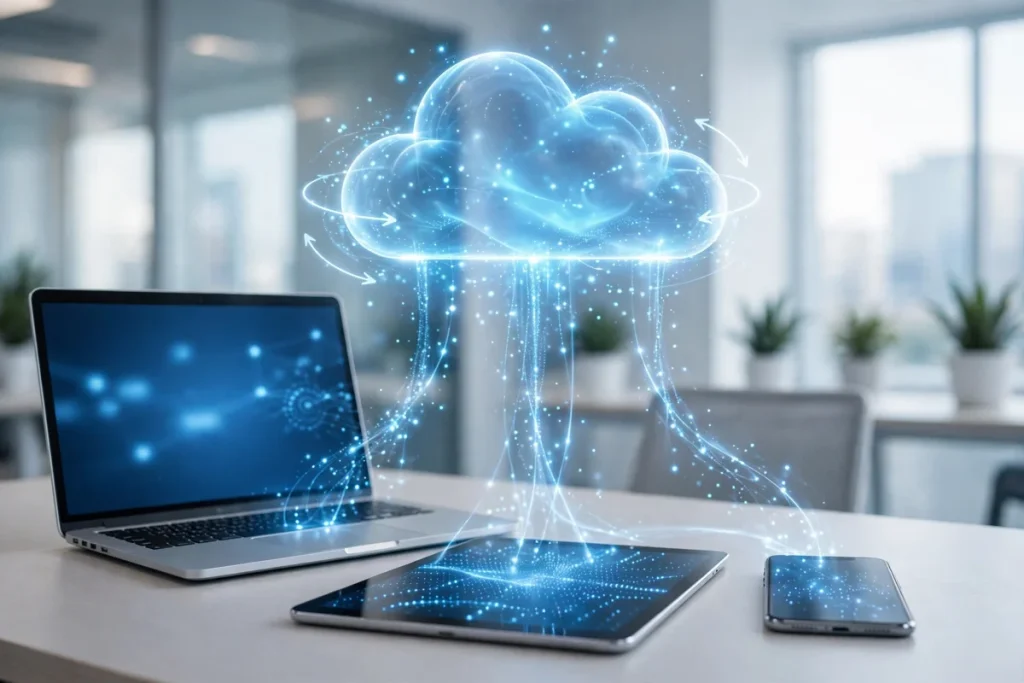 Best Cloud Storage Apps in 2026: Google Drive, Dropbox, OneDrive and More Best cloud storage apps 2026 syncing files between laptop phone and tablet through cloud