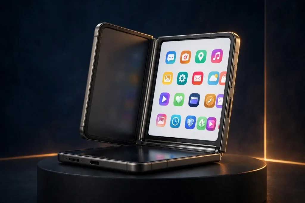 Best foldable phones 2026: book-style foldable phone half-open showing glowing 8-inch inner display