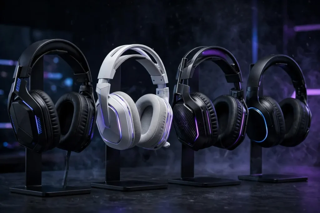 Best gaming headsets in 2026 displayed in a dark studio