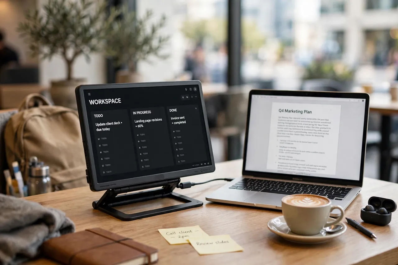 Arzopa portable monitor on a café table beside a laptop during remote work