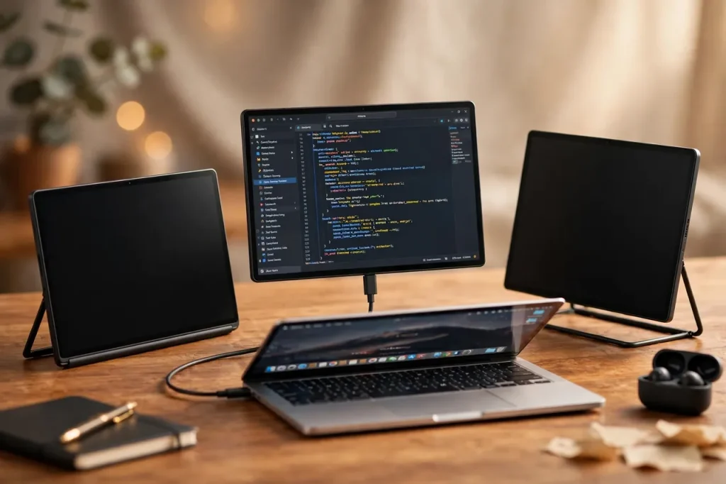 Best Portable Monitors Review: Which Portable Monitor Is Worth It in 2026 Three best portable monitors 2026 displayed on a wooden desk with one connected to a laptop