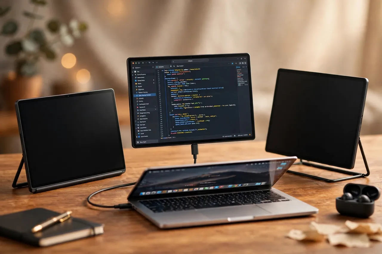 Three best portable monitors 2026 displayed on a wooden desk with one connected to a laptop