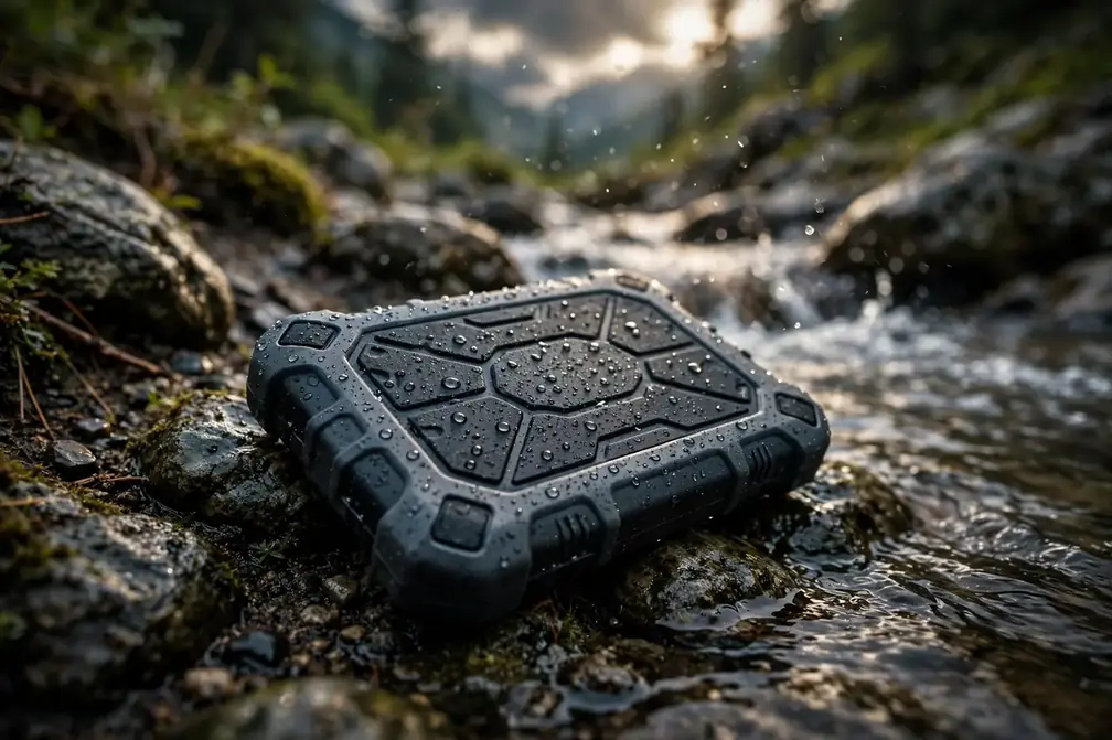 Rugged portable SSD with IP65 dust and water resistance built for outdoor travel use