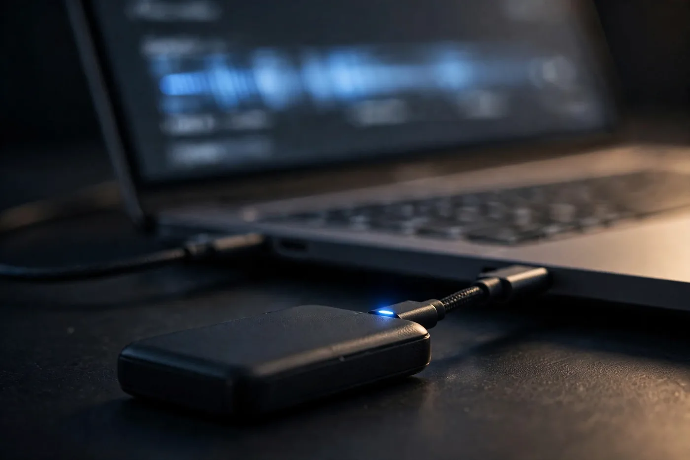 Portable SSD connected to a laptop during a high-speed file transfer test in 2026