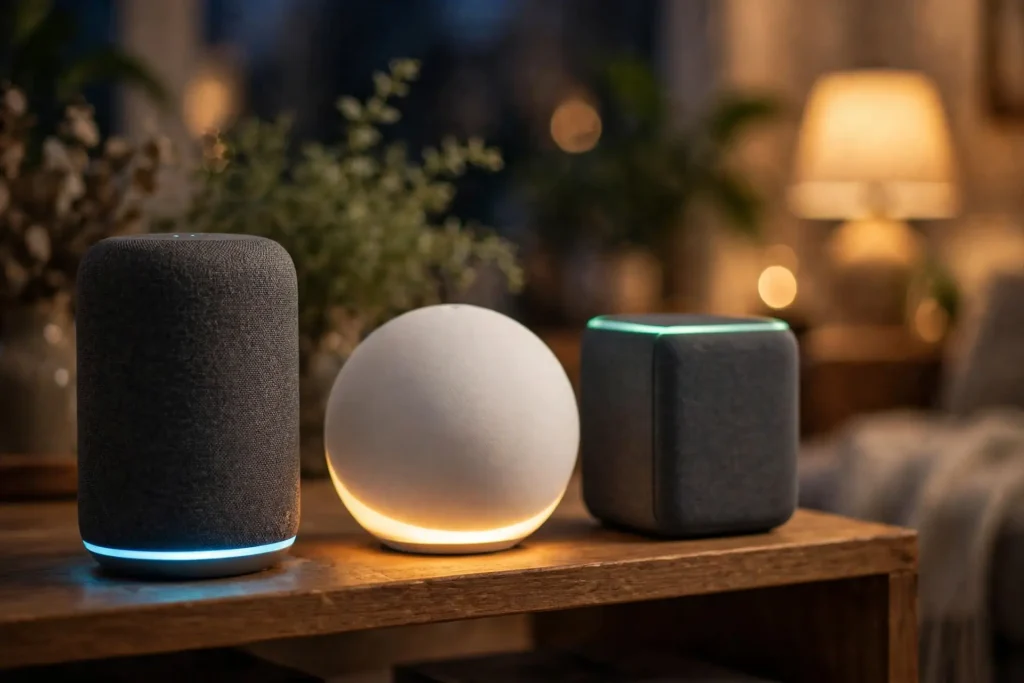Smart speakers review 2026: lineup of smart speakers with glowing voice assistant lights on a living room shelf