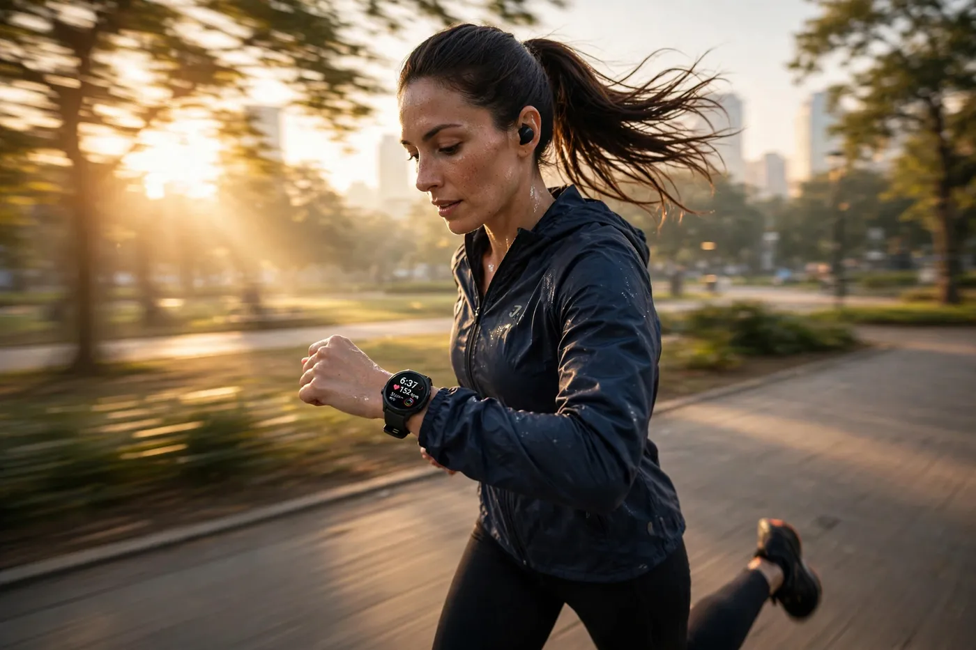 Runner checking a smartwatch during a sunrise workout in 2026