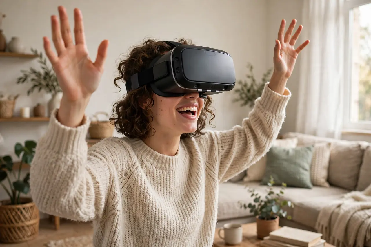 Person wearing a VR headset 2026 playing games in a living room