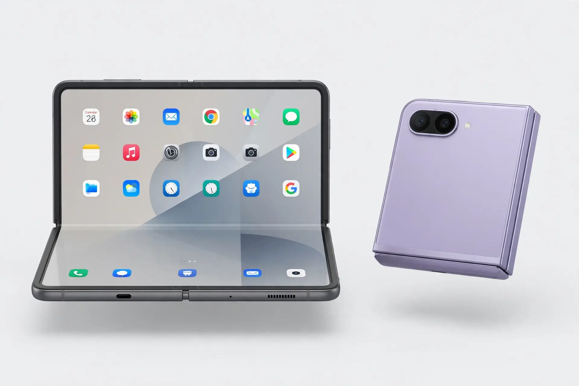 Book-style vs flip foldable phones 2026: Galaxy Z Fold style book fold beside a clamshell flip phone