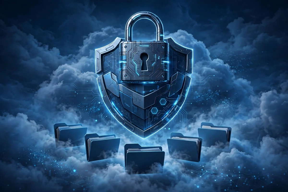 Secure cloud storage vault with padlock and shield protecting files in 2026