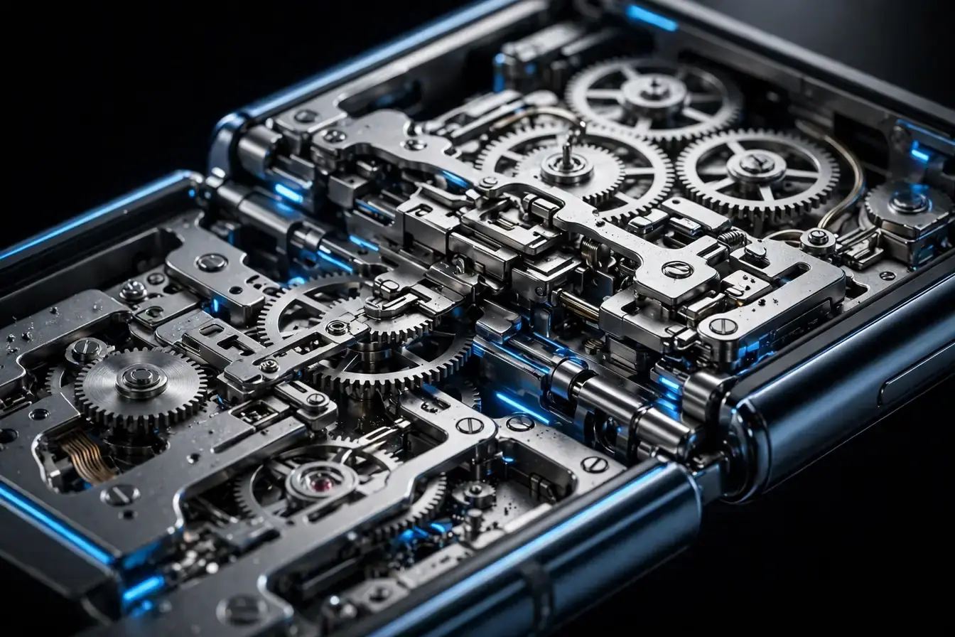 Foldable phone hinge durability 2026: macro view of precision hinge mechanism with engineering detail