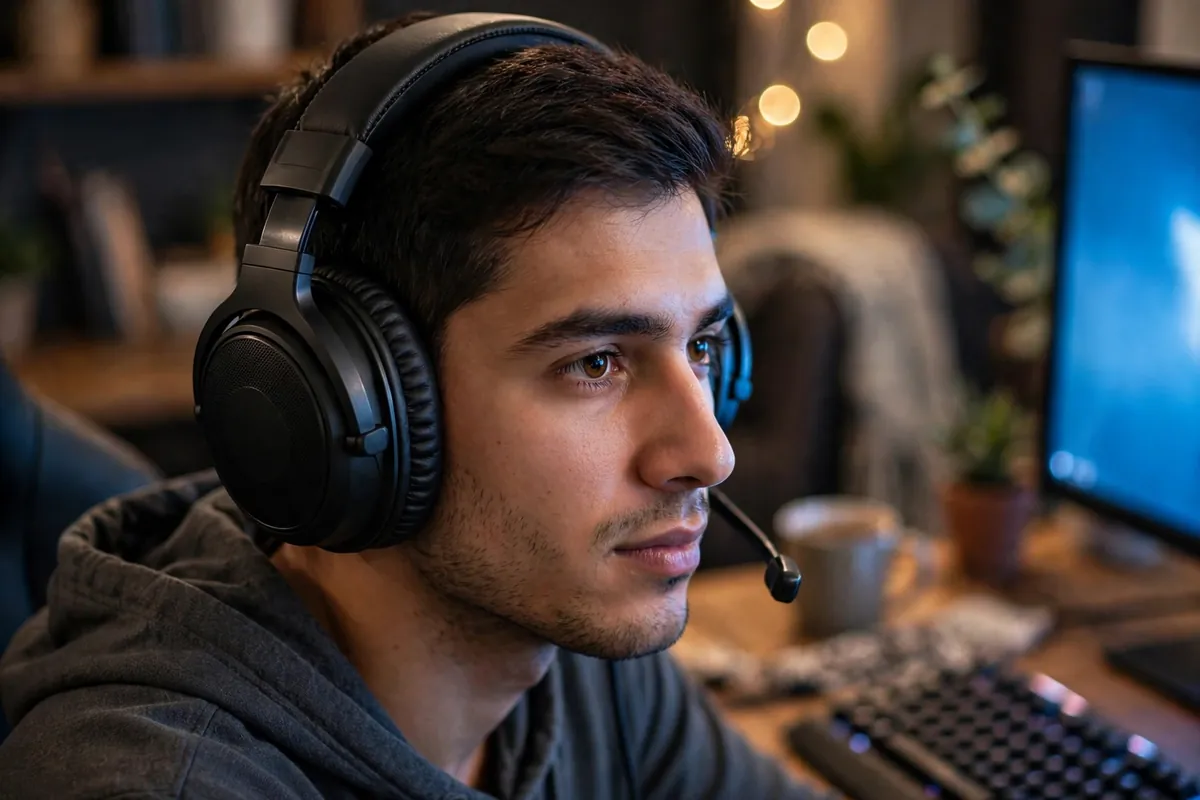 Gamer wearing a comfortable gaming headset at a PC setup
