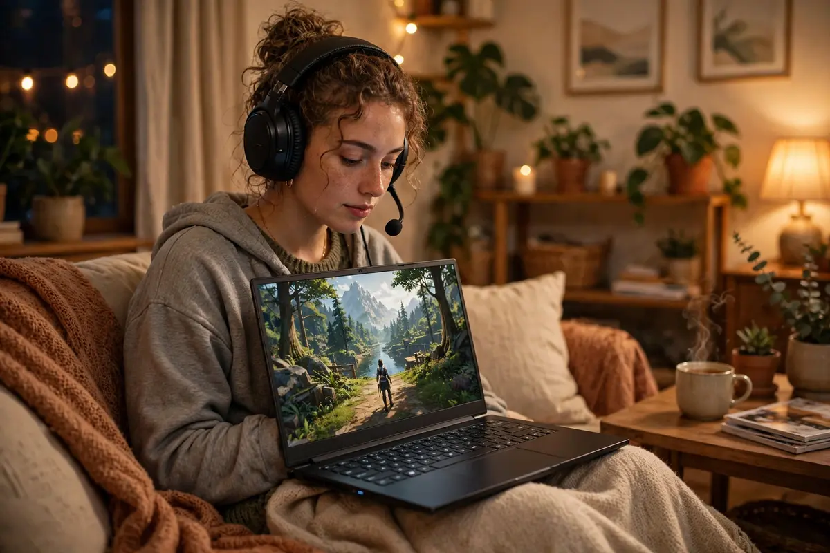 Gamer playing on a portable gaming laptop with headset