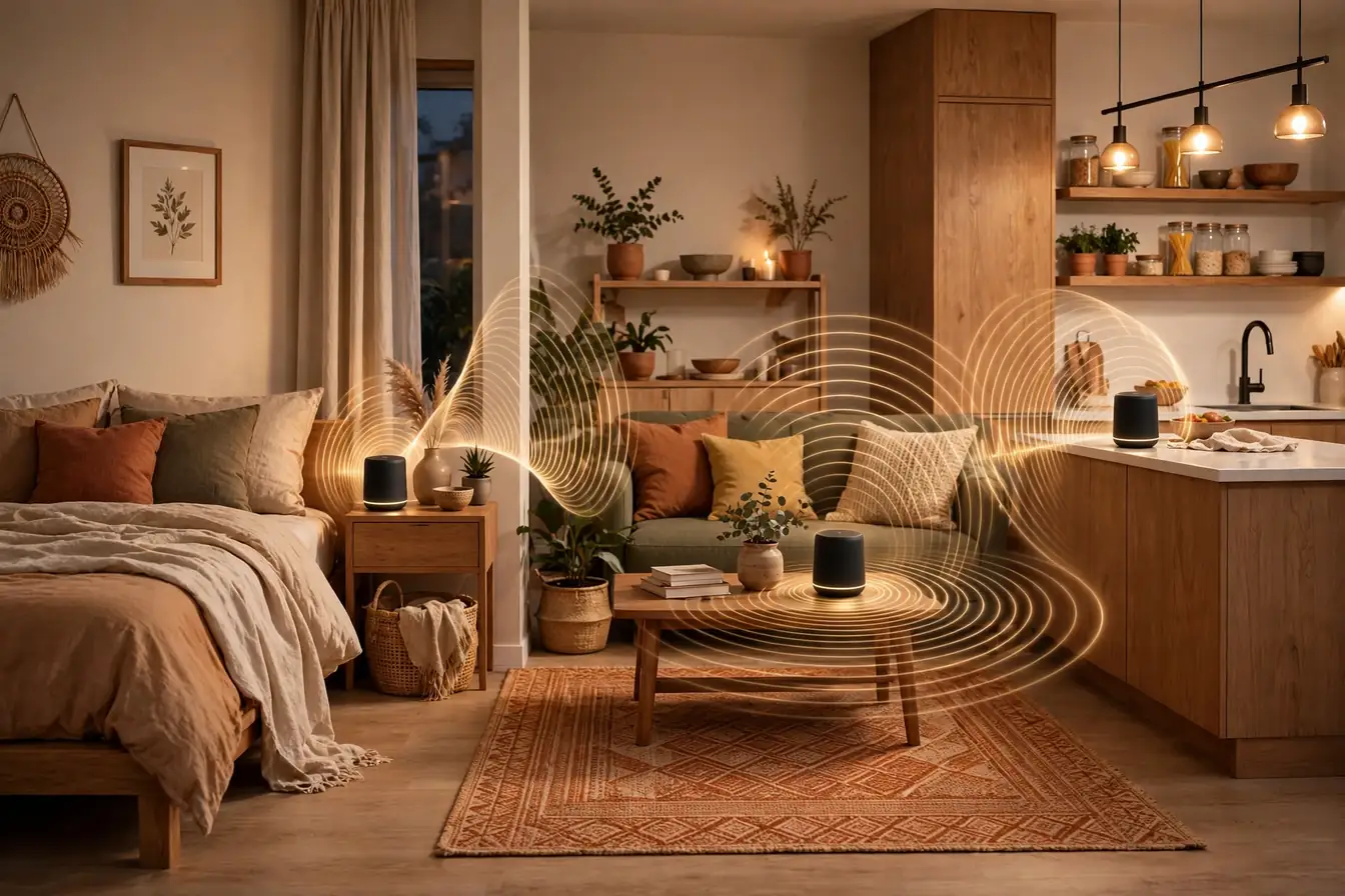 Multi-room smart speaker setup 2026: living room with smart speakers playing synchronized music in different rooms