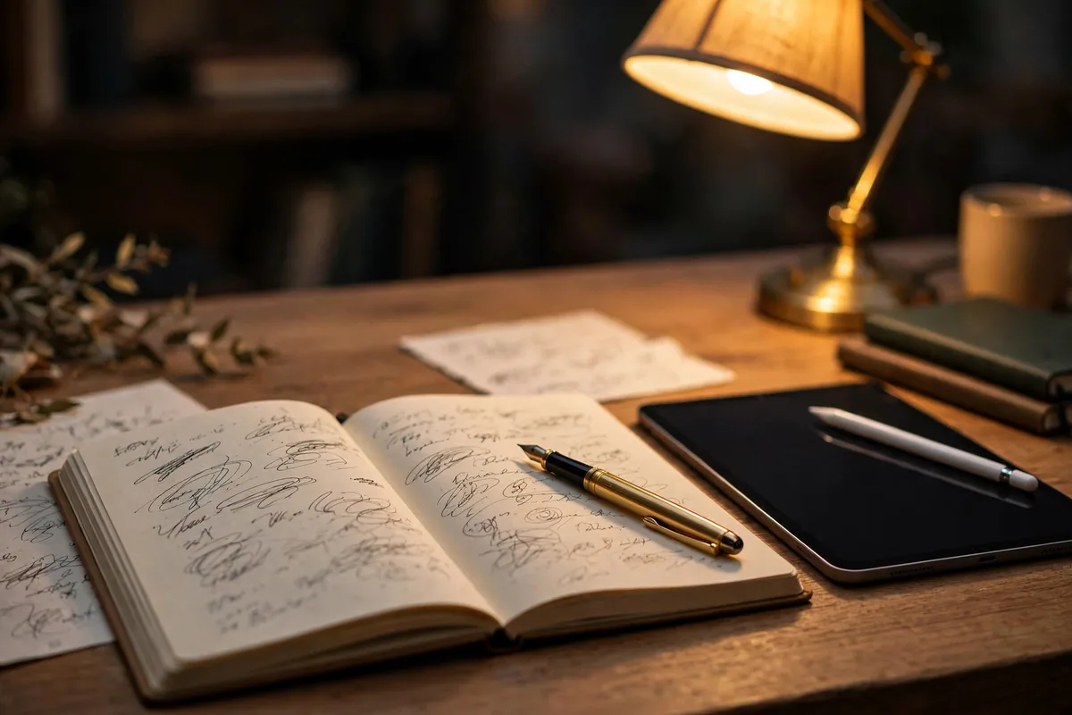 Handwritten notes in a notebook next to a tablet