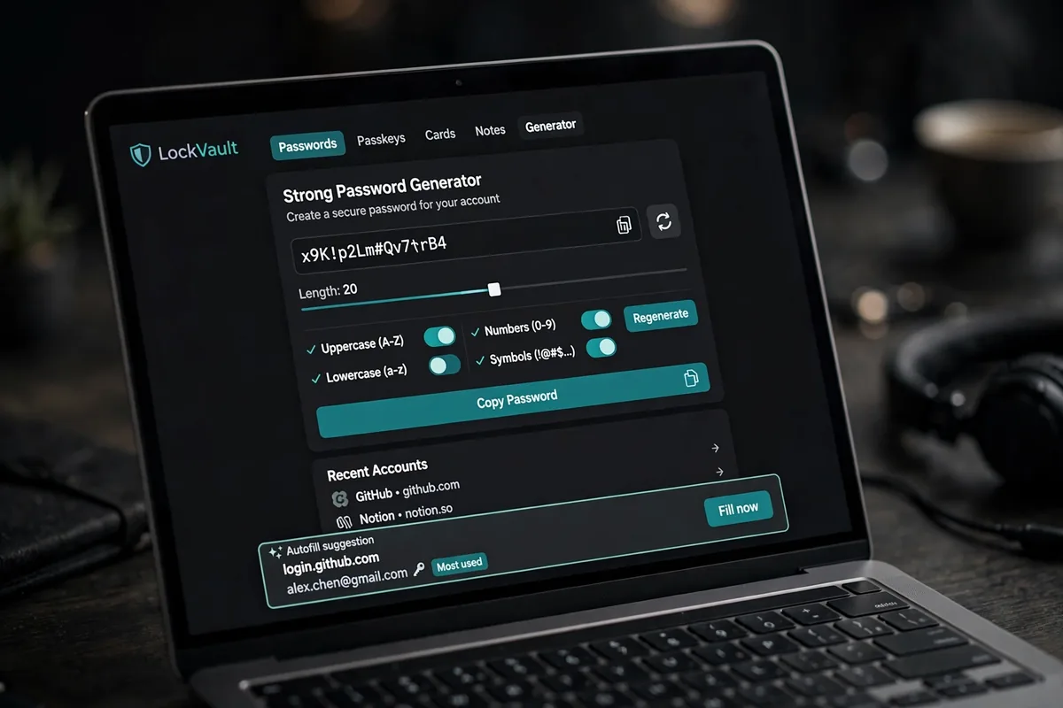 Password manager app generating a strong unique password on a laptop