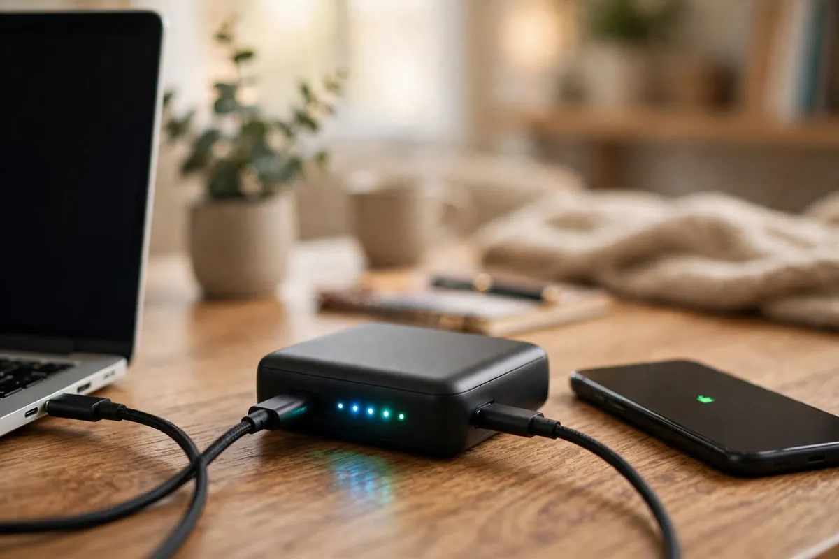 Portable power bank charging a laptop and smartphone on a desk