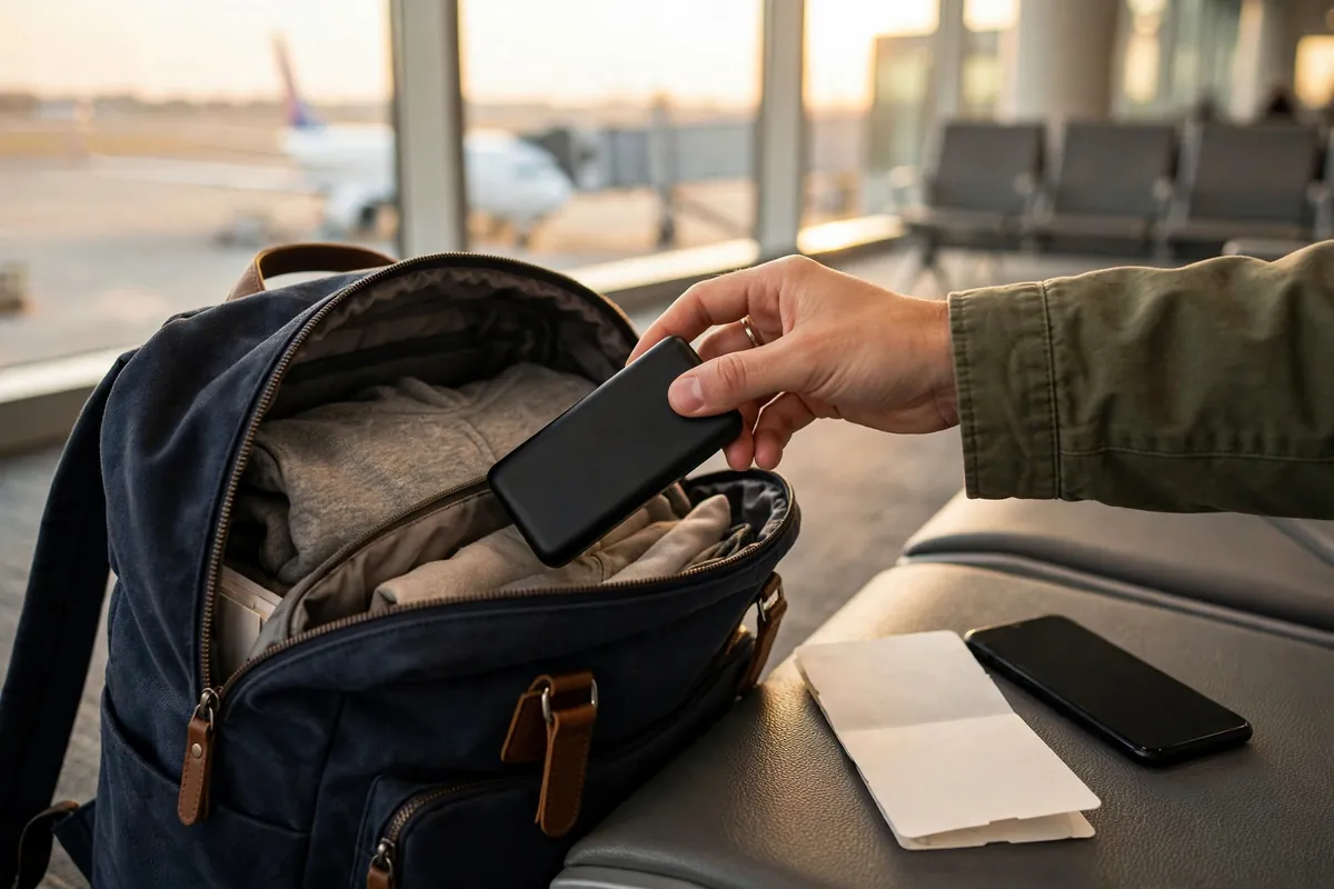 Hand packing a portable power bank into a carry-on bag at the airport