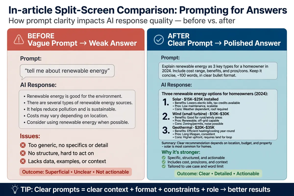 Prompt engineering before and after comparison of vague versus clear AI prompts