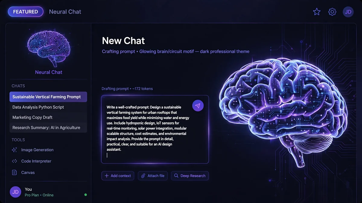 Prompt engineering 2026 concept with AI chat interface and glowing neural motif