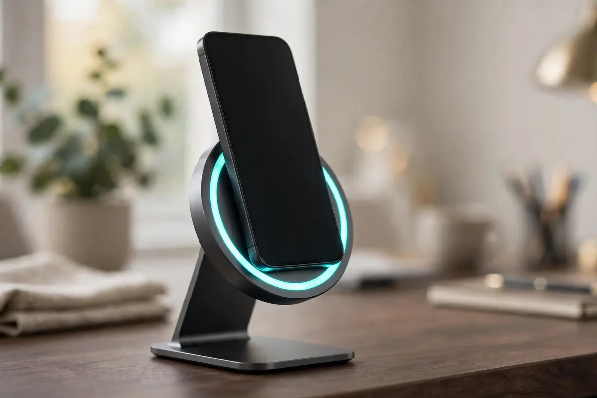 Qi2 magnetic wireless charger stand holding a phone