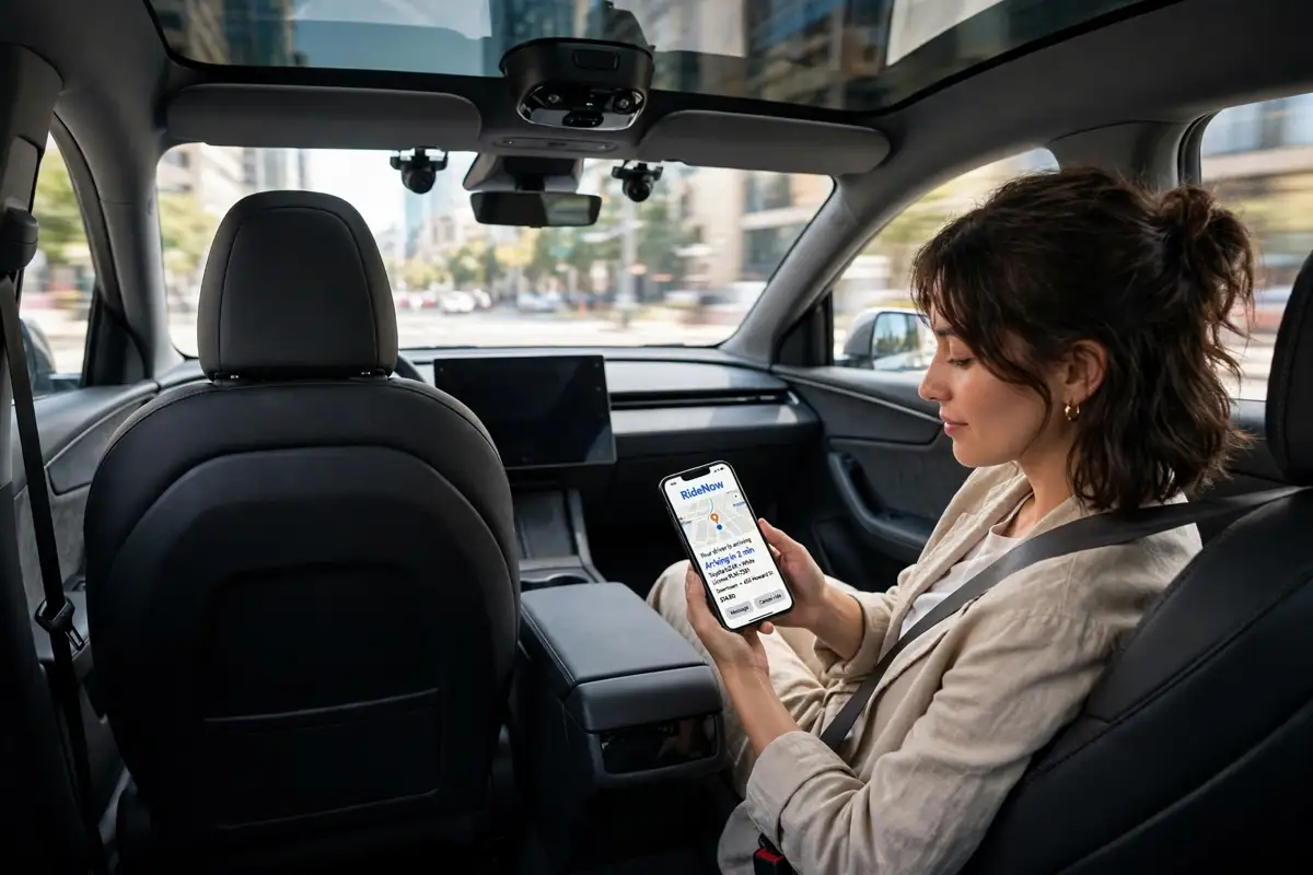 Passenger riding in a self-driving car 2026 with no driver in the front seat