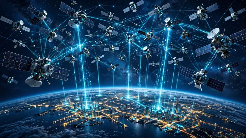 satellite internet 2026: satellite constellation beaming data to Earth at night
