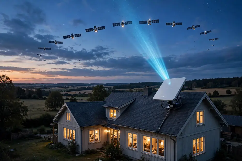 satellite internet 2026: satellite ground terminal dish installed on a rural home