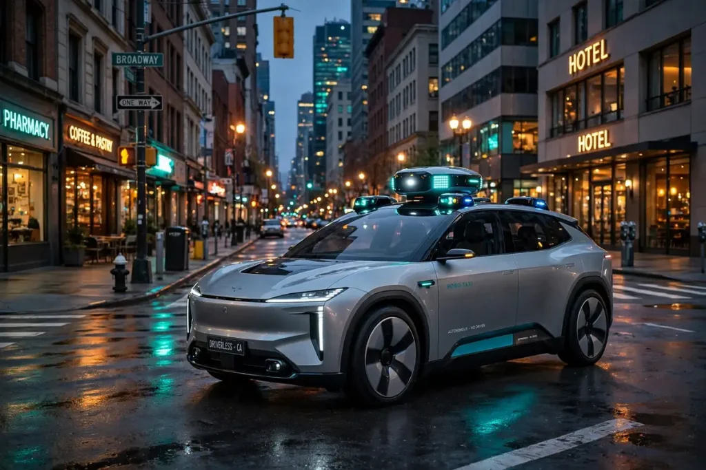 Self-driving cars 2026 robotaxi driving through a city street at dusk
