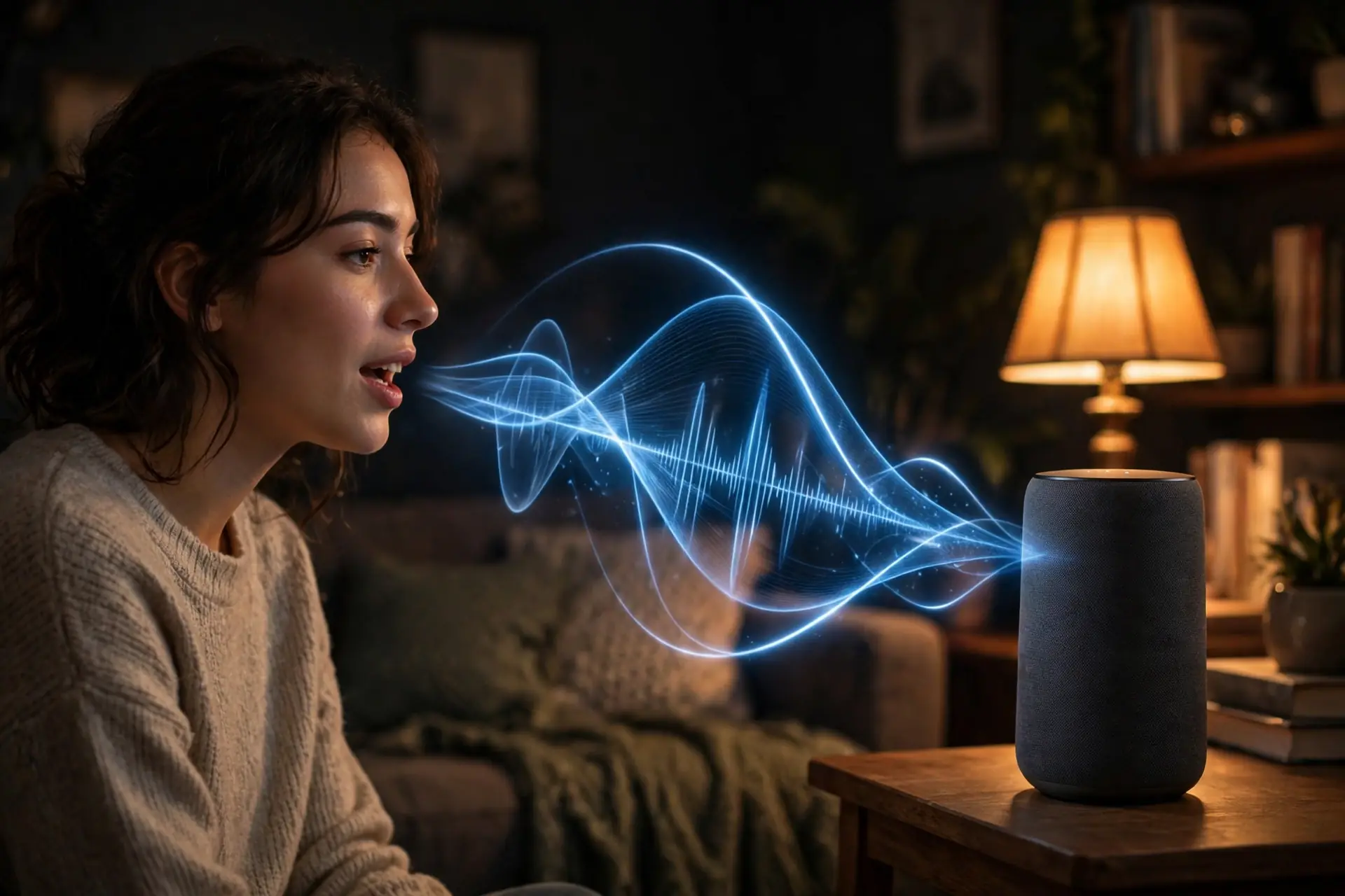 Voice assistant smart speaker 2026: person speaking voice command to a smart speaker with sound wave visualization