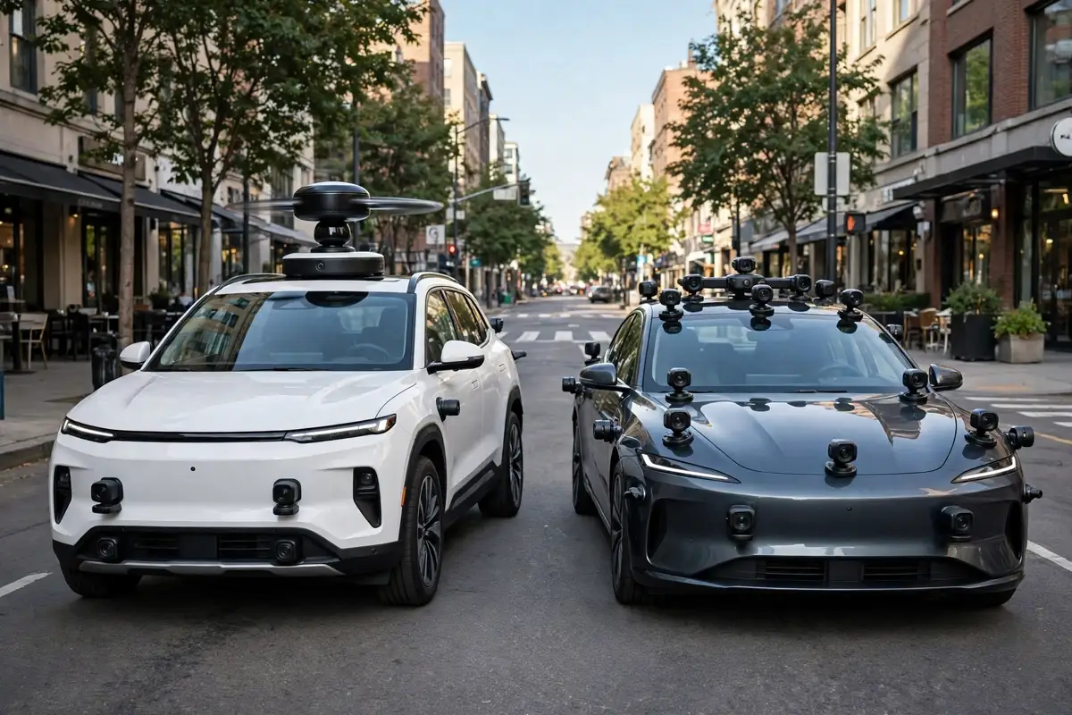 Waymo vs Tesla robotaxi 2026 comparison of two driverless cars side by side