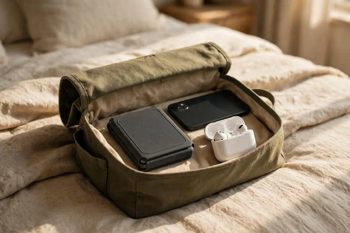 Travel wireless charger folded in a bag with phone and earbuds